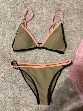 Olive Green Triangle Bikini with Peach Trim